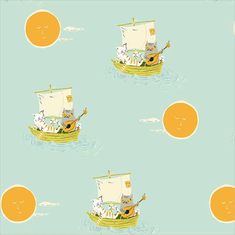 PREORDER: Heather Ross Favorites - Owl and the Pussycat 51199D-2 Aqua by Windham Fabrics