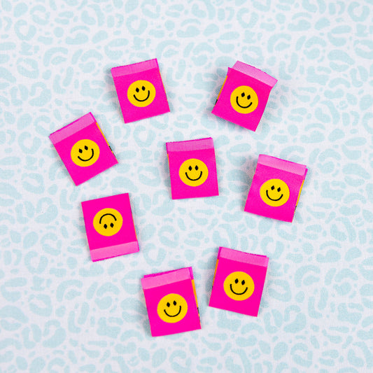 Happy Faces - Original Bright Pink - Woven Sewing Labels by LollyTags