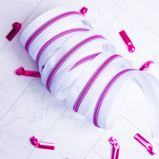 Sallie Tomato Tula Pink White Zipper Tape with Pink Coil & Zippers