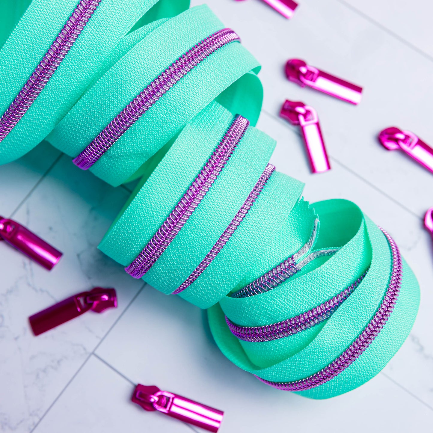 Sallie Tomato Tula Pink Raindrop Zipper Tape with Pink Coil & Zippers