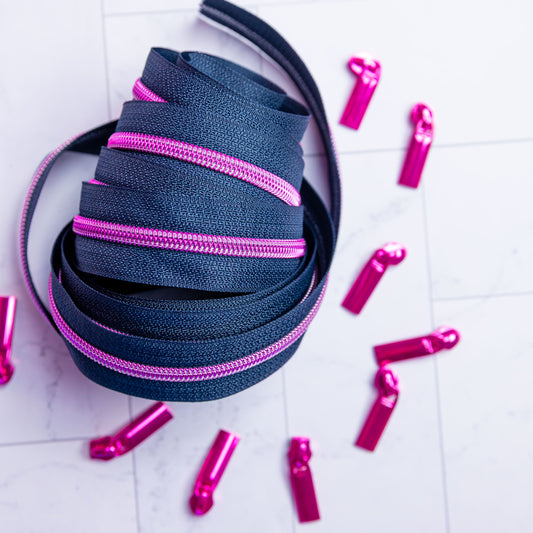 Sallie Tomato Tula Pink Navy Zipper Tape with Pink Coil & Zippers