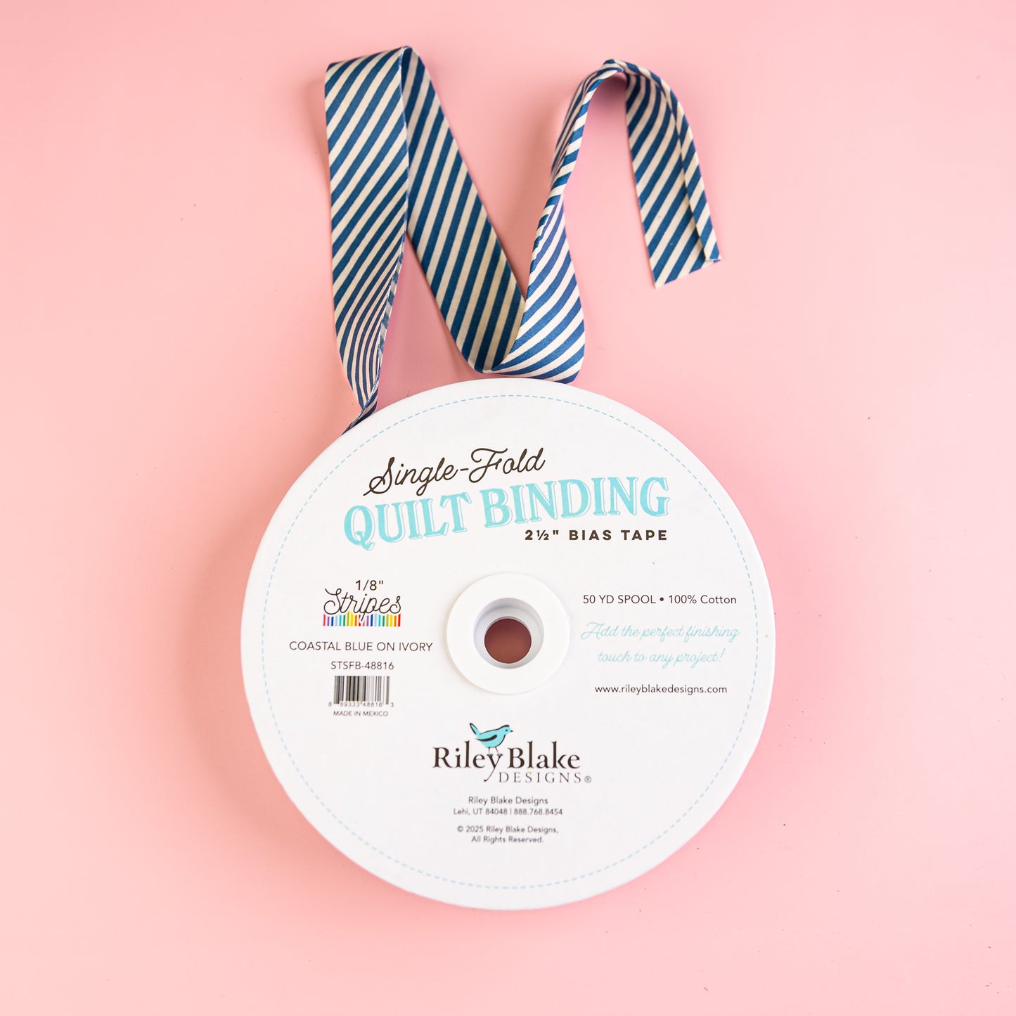 Single Fold Bias Binding by Riley Blake Coastal Blue on Ivory Stripe