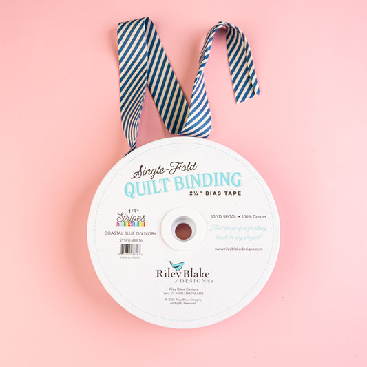 Single Fold Bias Binding by Riley Blake Coastal Blue on Ivory Stripe