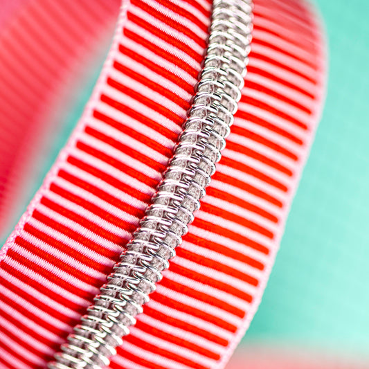 Sassafras Lane Red and Light Pink Stripe Zipper Tape with Faux Metal Nylon Teeth in Nickel Finish