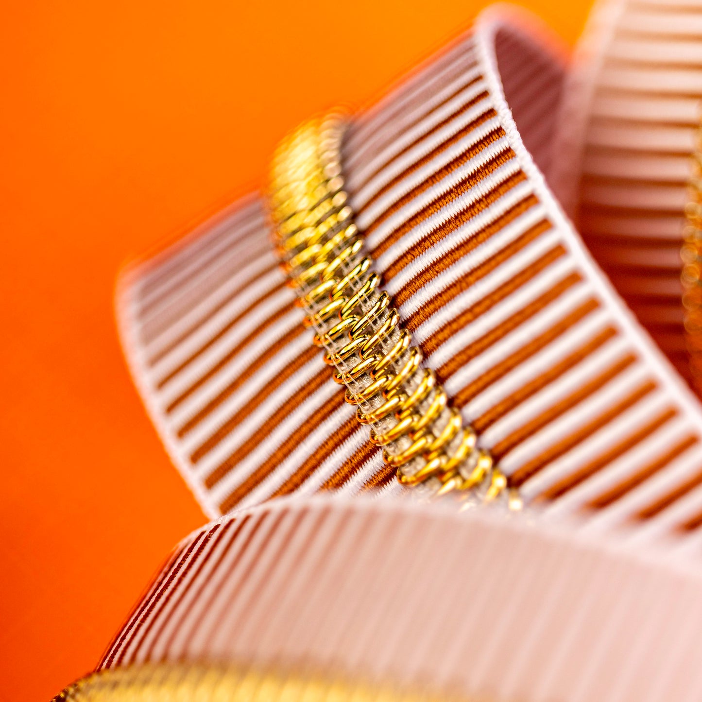 Sassafras Lane Light Brown Stripe Zipper Tape with Faux Metal Nylon Teeth in Gold Finish