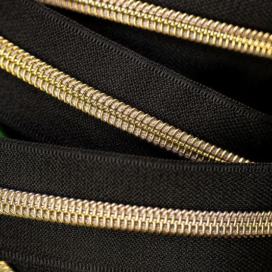 Sassafras Lane Black Zipper Tape with Faux Metal Nylon Teeth in Gold Finish