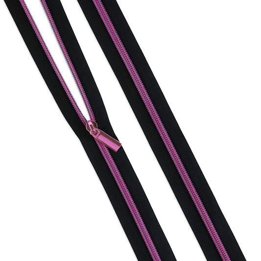 Sallie Tomato Tula Pink Black Zipper Tape with Pink Coil & Zippers