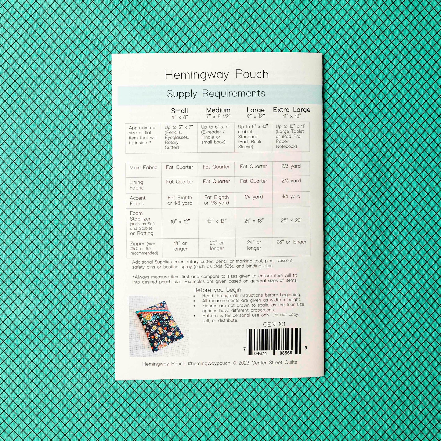 Hemingway Pouch Paper Pattern by Center Street Quilts