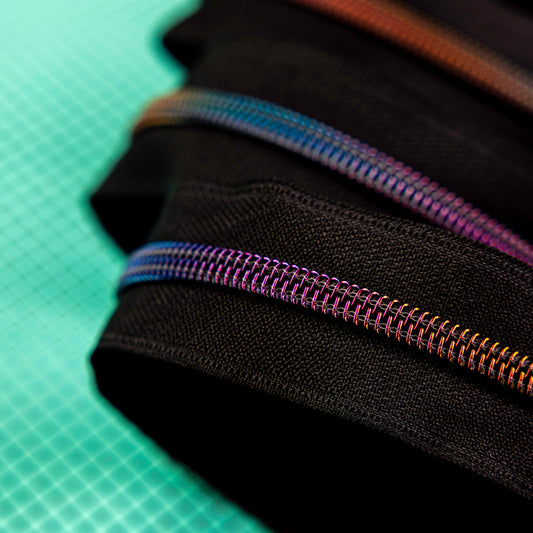 Sassafras Lane Black Nylon Zipper Tape with Faux Metal Teeth in Rainbow Finish