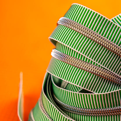 Sassafras Lane Green Stripe Zipper Tape with Faux Metal Nylon Teeth in Nickel Finish