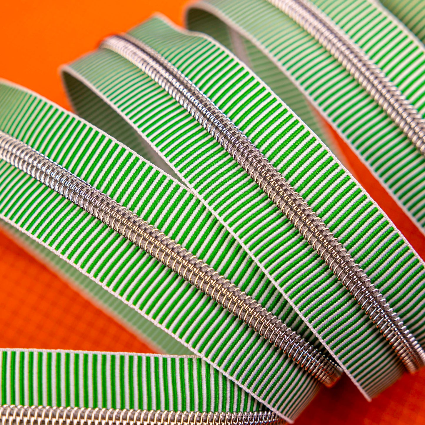 Sassafras Lane Green Stripe Zipper Tape with Faux Metal Nylon Teeth in Nickel Finish