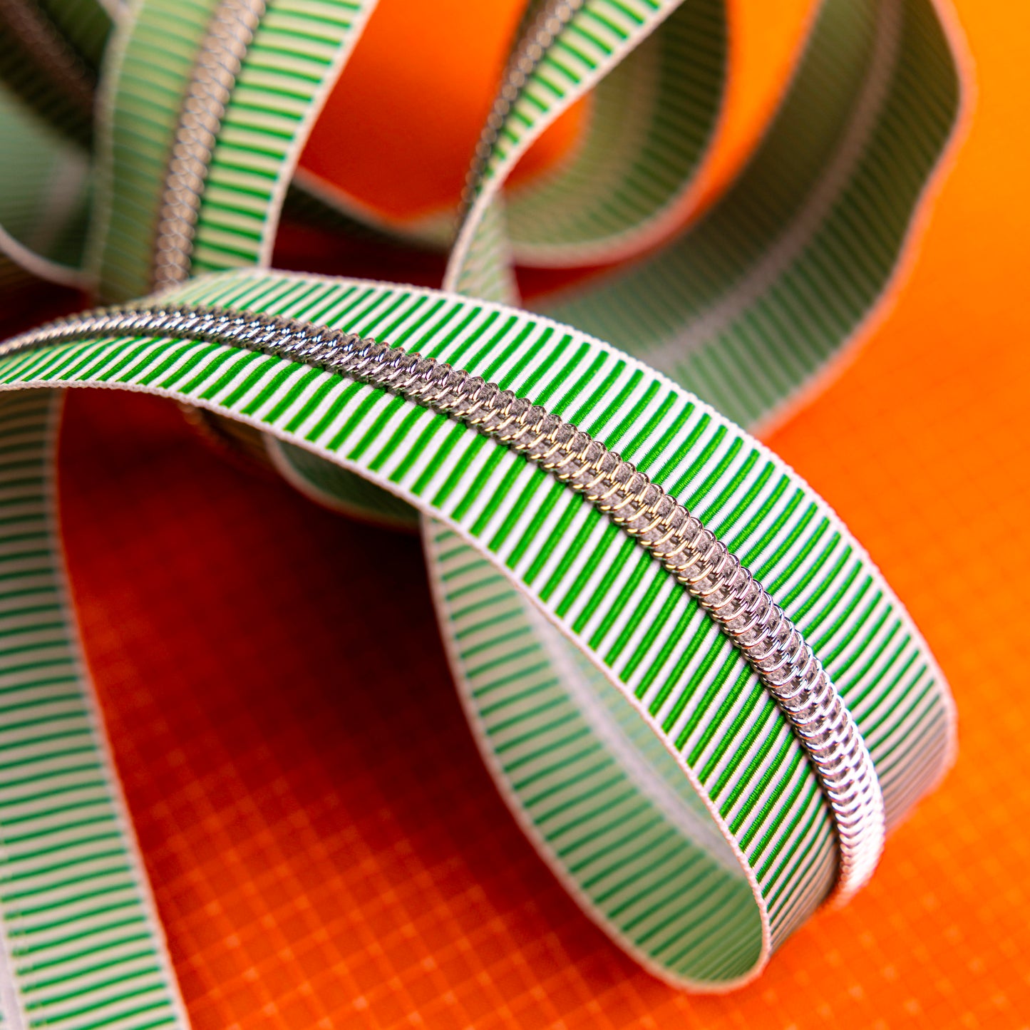 Sassafras Lane Green Stripe Zipper Tape with Faux Metal Nylon Teeth in Nickel Finish