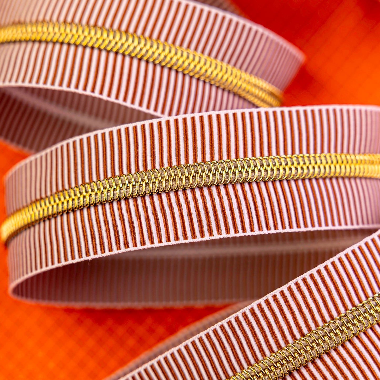 Sassafras Lane Light Brown Stripe Zipper Tape with Faux Metal Nylon Teeth in Gold Finish