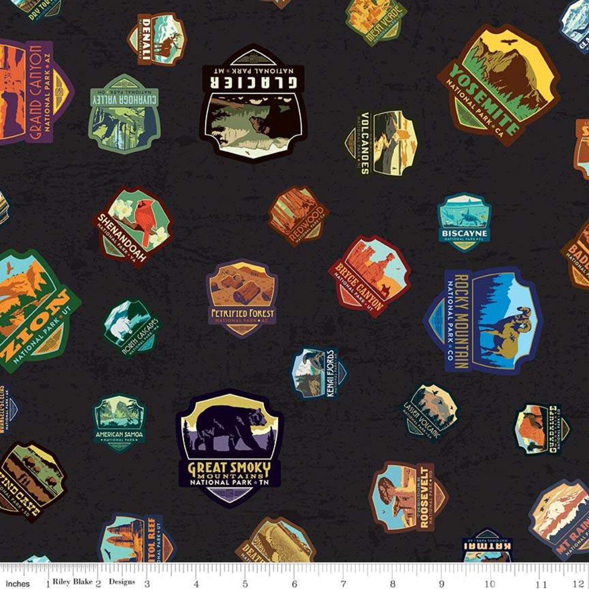 National Parks Patches on Black by Riley Blake C8782