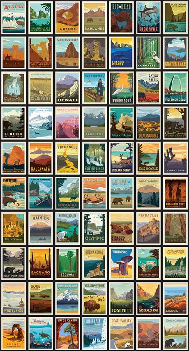 National Parks Posters on Black by Riley Blake C8780
