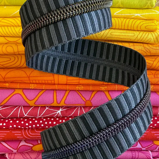 Sassafras Lane Black and Gray Stripe Zipper Tape with Rainbow Teeth | SASSKIT GREY